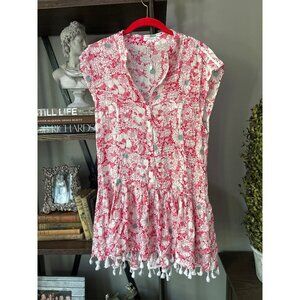 Poupette St Barth Heni Tassle Hem Floral Mini Dress Pink Red Womens Size Small